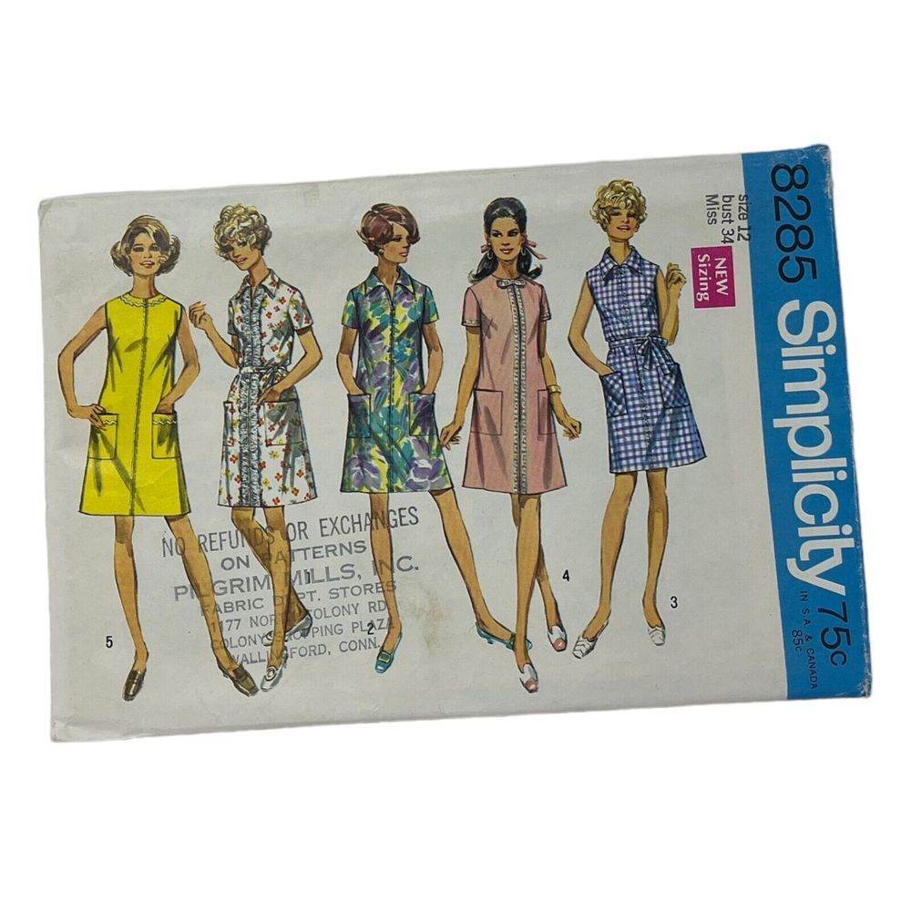 1969 SIMPLICITY #8285 - LADIES ( 5 STYLE ) RETRO HOUSE DRESS PATTERN‎ Sz 12 Cut